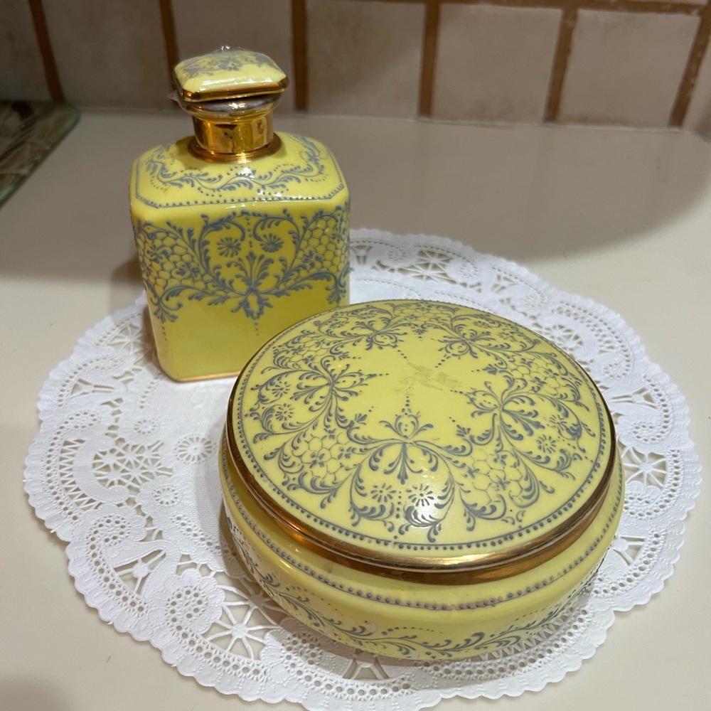 Antique French Hand Painted Vanity Dish & Perfume Bottle